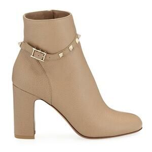 Valentino Rockstud 90 Beige Nude Leather Short Ankle Block Heel Boot Bootie 39.5